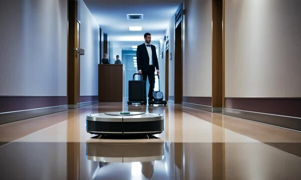 Robot vacuum cleaner cleaning a hotel.