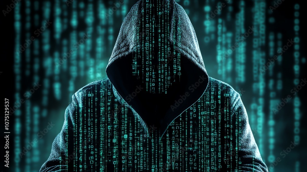 Poster A hooded figure stands in front of a matrix-like background of green code, symbolizing anonymity, hacking, and the digital world.