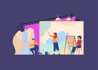 Artists creating artworks flat vector illustration. Creative characters painting, drawing and sculpting at workshop. Studio, graphic design and art concept.