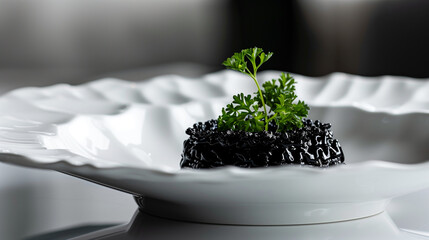 Risotto al Nero di Seppia with Black Squid Ink and Fresh Parsley Garnish