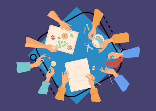 Creative handmade workshop flat vector illustration. Children making creative embroidery, scrapbooking and knitting. DIY, craft and craftwork concept.