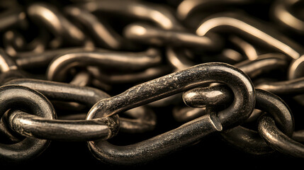 Close up of a metal chain, steel, links, connection, strength, security