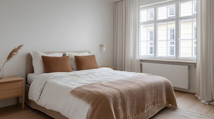 Fototapeta premium Cozy and Tranquil Minimalist Bedroom with Natural Light and Neutral Tones