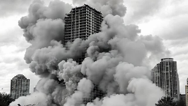A building collapses in a cloud of dust and debris