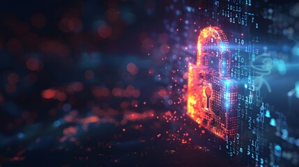 Obraz premium A computer screen shows a glowing red lock with a blue background. The lock is surrounded by a blurry, pixelated effect, giving the image a futuristic, high-tech feel