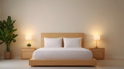 Minimalist Beige Bedroom with Warm Lighting and Wooden Nightstands