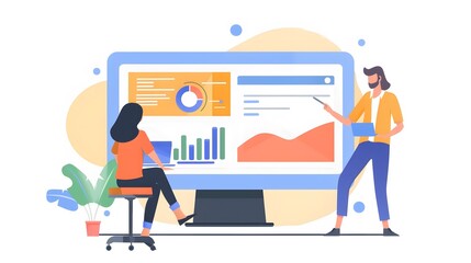 Two women are standing in front of a computer monitor with a graph on it. They are looking at the graph and discussing it