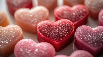 Obraz premium Colorful heart-shaped sweets sparkling with sugar, perfect for gifting, celebrating love, or sweetening special moments at a joyful gathering
