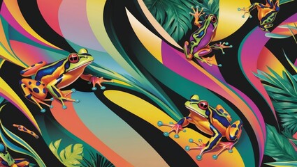 Obraz premium Vibrant Abstract Art with Colorful Frogs and Tropical Leaves