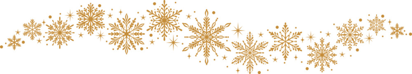 Golden snowflake border wave vector clip art illustration for winter holidays, Christmas design element with stars, isolated gold snow decoration frame