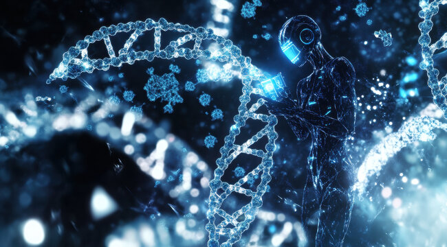 A futuristic digital artwork depicting DNA strands and intricate blue chemical structures