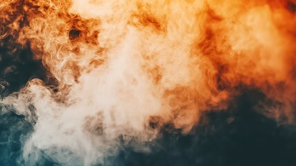 A dramatic blend of orange and white smoke swirls against a dark background, creating a vibrant and atmospheric visual effect.