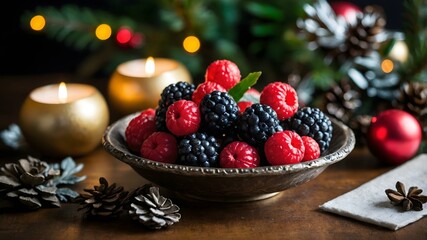 christmas still life with candles and plate with fresh berries on the background of a Christmas tree