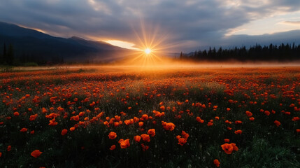 soft mist blankets poppy covered meadow at sunrise, creating serene atmosphere