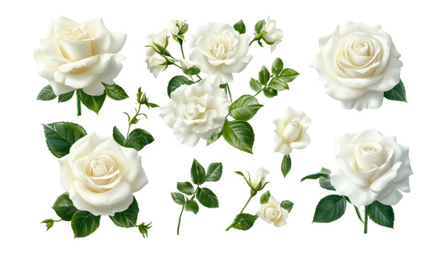 set of white rose flowers isolated on transparent background cutout