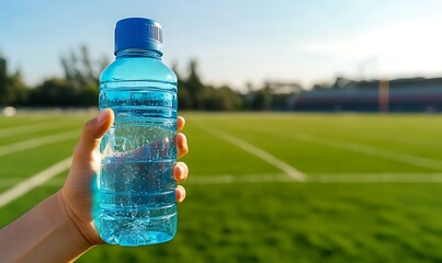 A hand holding a blue water bottle in a sunny sports field setting.