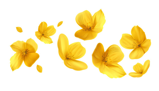 flying yellow petals isolated on transparent background cutout