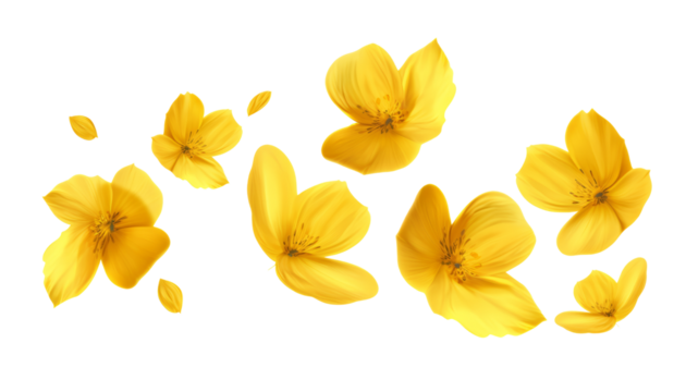 flying yellow petals isolated on transparent background cutout
