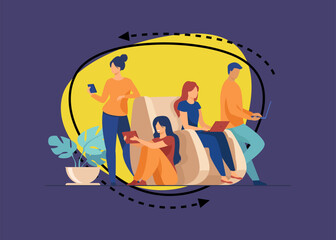 Digital device users spending time together. Group of men and women using laptop computers, tablet, smartphone. Vector illustration for web browsing, internet surfing, public access concept
