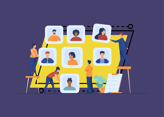 Obraz premium Employers choosing candidates for job interview. HR professionals analyzing applicant or employee profiles. Vector illustration for recruit agency, career, business, employment concept