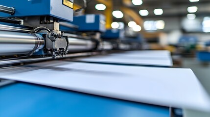 High-Tech Printing Press in Action - Close-Up of Ink Application and Smooth Paper Flow in a State-of-the-Art Factory Environment