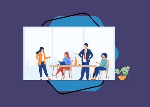 Employees meeting in office kitchen and drinking coffee. Team of workers talking during coffee break. Vector illustration for teamwork, lunch, corporate communication concept