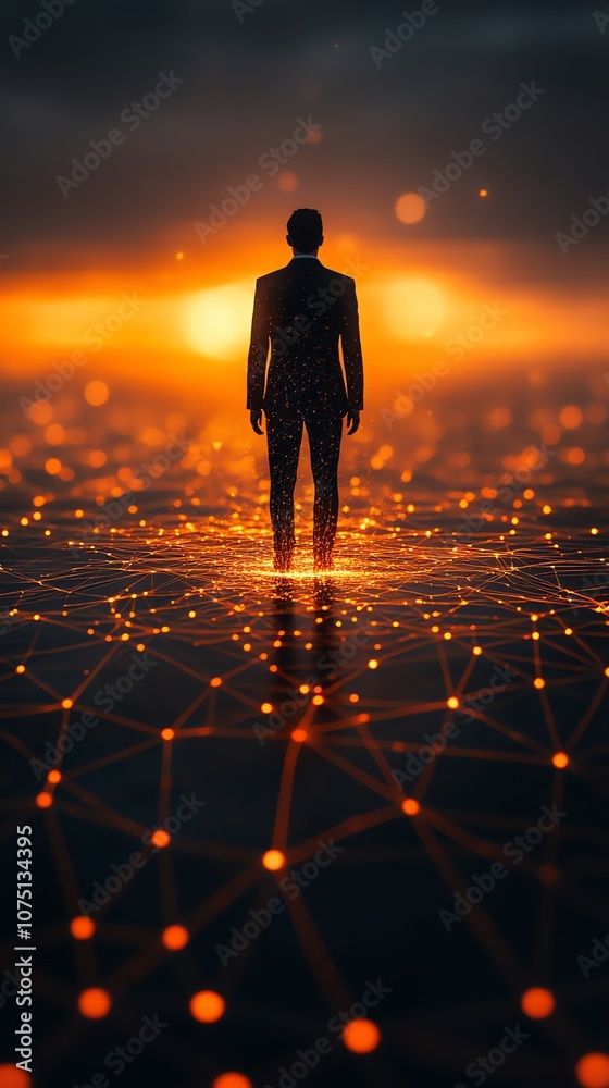 Poster a lone figure stands on a network of glowing lines against a fiery sunset, symbolizing connection an