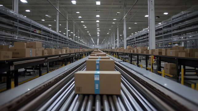 Conveyor Belt System in a Warehouse, factory, distribution center, logistics, shipping, delivery