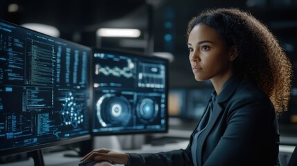 Female Programmer Working on AI Algorithms in Futuristic Setting
