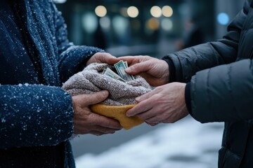 Two people exchange cash amidst snowfall, using a warm knitted cloth, showcasing warmth, care, and resilience during winter in a seemingly harsh urban environment.