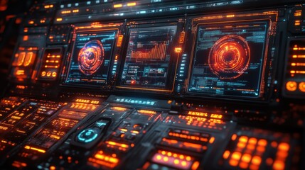 Obraz premium Futuristic control panel with glowing interfaces and data displays.