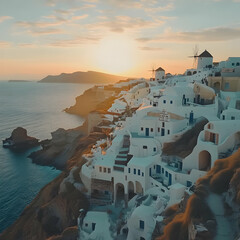 Photo - Santorini Sunset, Greece, Aegean Sea, White Buildings, Windmills, Coastline, Island, Ocean, Golden Hour, Cyclades