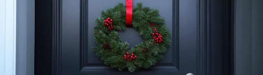 A festive green wreath adorned with red berries and a ribbon hangs on a dark door.