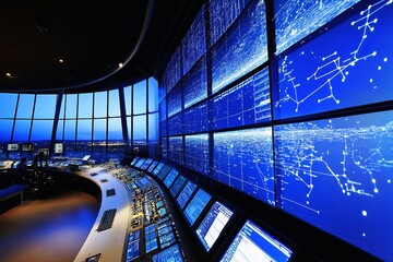 High-Tech Control Room Overlooking a Space Station Screens Displaying Star Charts.