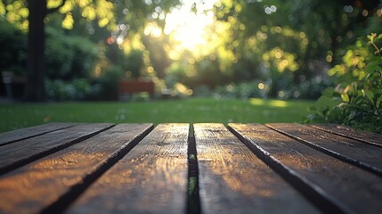 Fototapeta premium A serene garden scene with wooden planks in the foreground and sunlight filtering through trees.