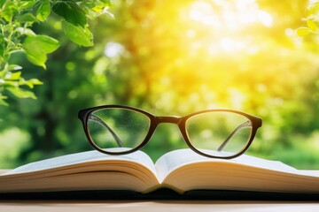 Glasses resting on an open book with light filtering through a nearby window.