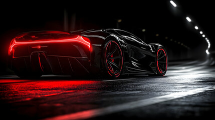 Naklejka premium 3D Sports Car Night Drive Illustration - Black Car, Red Lights, Dark Road