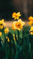 Fototapeta premium A field of daffodils in bloom, showcasing the yellow blossoms and a natural green background.