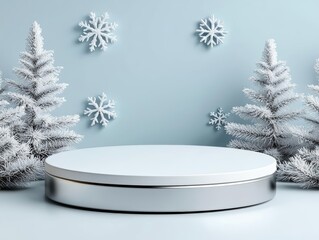 Elegant display platform with snowy trees and decorations for winter-themed presentations.