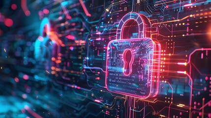 Obraz premium A glowing red and blue image of a lock with a key. The lock is surrounded by a series of glowing lines and dots. Concept of security and protection, as the lock is a symbol of safety
