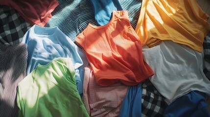 Vibrant Summer Laundry Pile on Blue Rug - Colorful Dresses T-Shirts and Shorts in Sunlit Shadows Perfect for Lifestyle and Home Decor Themes