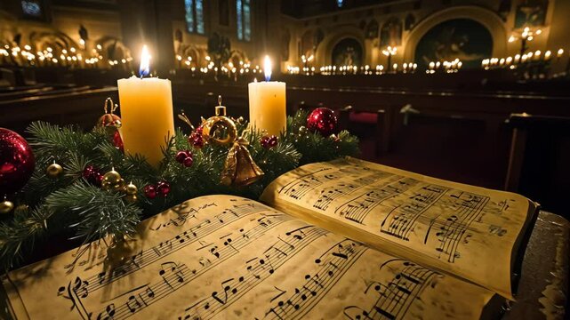 A hymnal rests open in the glow of candles and a festive wreath during a Christmas service in a church