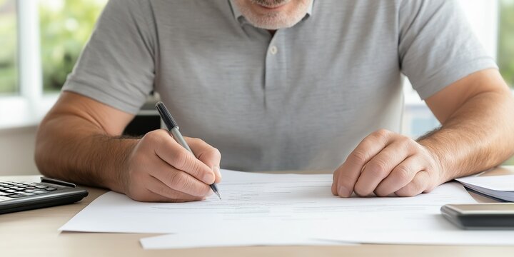 A man is writing with a pen on a piece of paper. He is focused and serious, possibly working on a project or writing a letter. Concept of concentration and determination