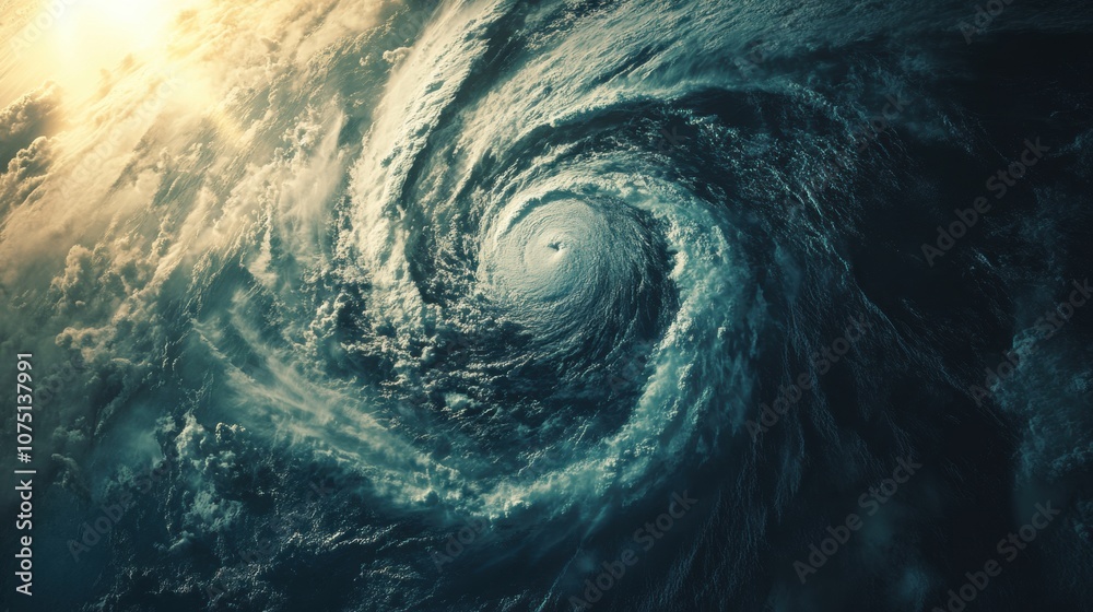 Poster a large hurricane is developing in the open ocean, featuring dark, swirling clouds and turbulent win