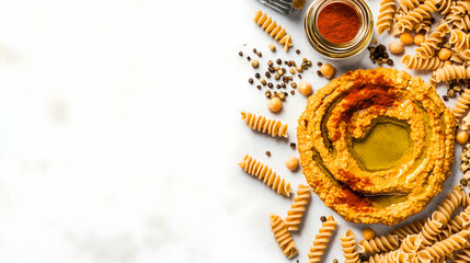 Naklejka premium Hummus with Pasta and Spices, chickpea, tahini, olive oil, paprika, pepper