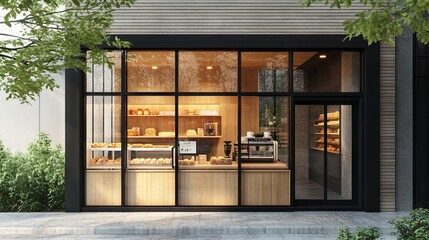 Charming Modern Coffee Shop Front with Wooden and Metal Details on an Urban Corner. AI generated illustration