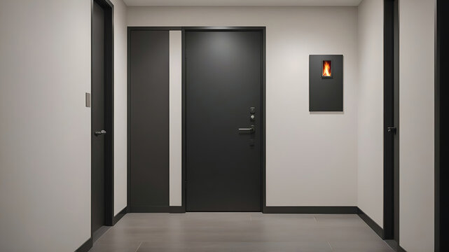 A high-rise apartment hallway with a fire rated door