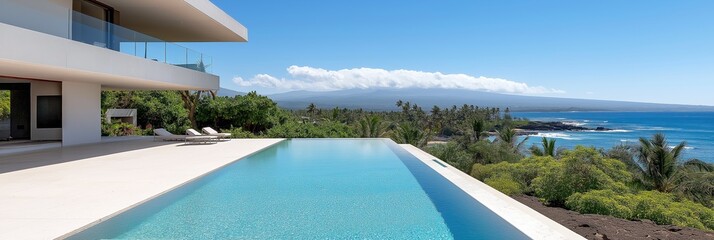 A large pool with a view of the ocean. The pool is surrounded by a white house. The house is large and has a lot of windows