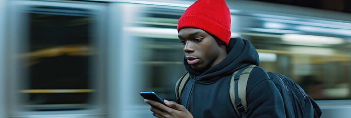 A man wearing a red hat is looking at his cell phone while standing on a subway platform. Concept of modern urban life, where people are constantly connected to their devices