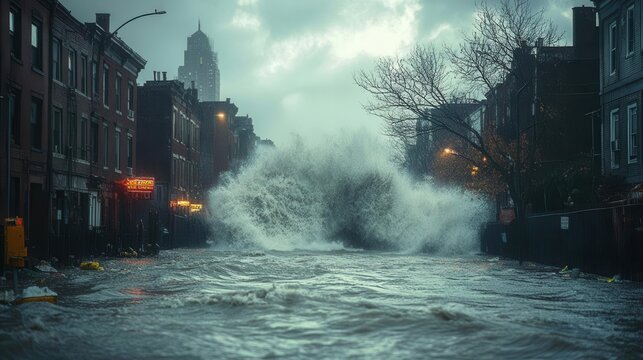 massive wave crashing onto a flooded urban street, creating a dramatic scene of nature's power against the backdrop of an overwhelmed cityscape, evoking awe and urgency